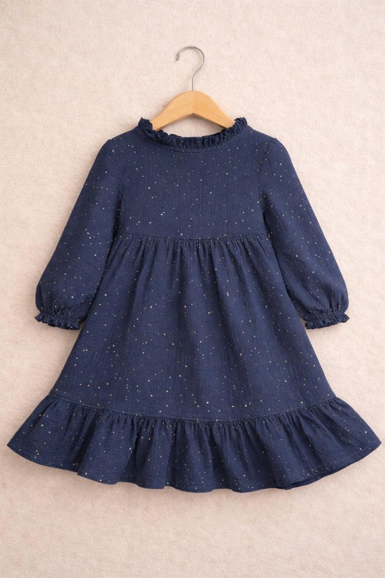 MUSSELIN KLEID Goldpunkte marine