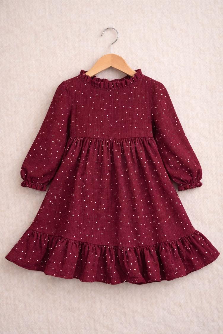 MUSSELIN KLEID Goldpunkte weinrot